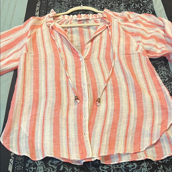 Olivaceous Tops - Olivaceous Coral and Cream Striped Blouse